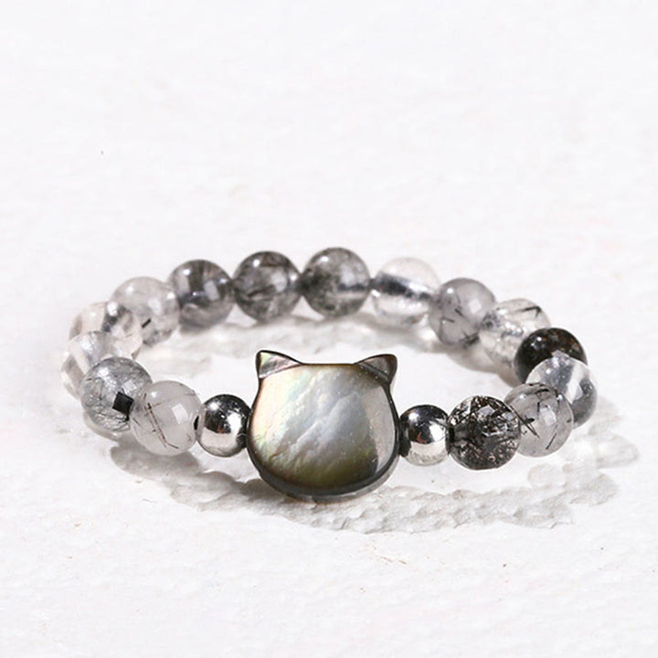 Buddha Stones 3mm ブラックルチルクォーツ シャコガイ 石 ウサギ 猫 リング - 猫（63mmゴム紐） - image 11