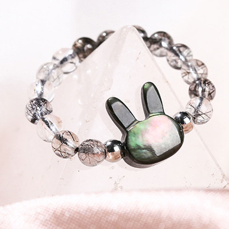 Buddha Stones 3mm ブラックルチルクォーツ シャコガイ 石 ウサギ 猫 リング - image 3