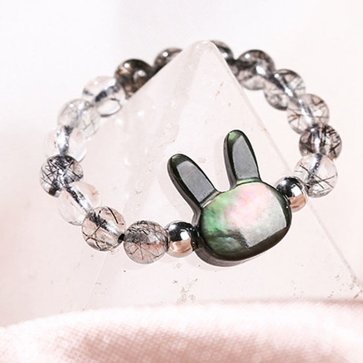 Buddha Stones 3mm ブラックルチルクォーツ シャコガイ 石 ウサギ 猫 リング - image 3