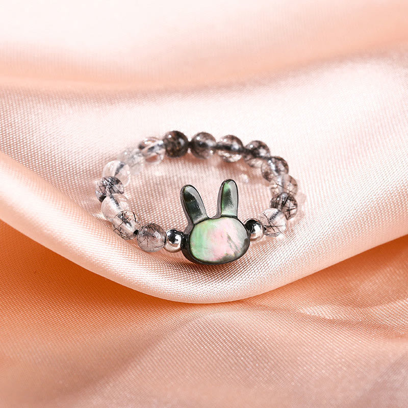 Buddha Stones 3mm ブラックルチルクォーツ シャコガイ 石 ウサギ 猫 リング - image 2