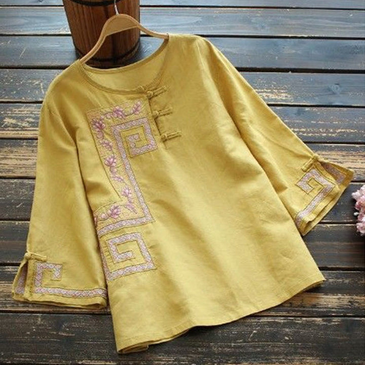 Buddha Stonesのつる刺繍カエルボタンコットンリネン七分袖レディースシャツ - カーキ - US14、 UK/AU18、 EU46 (4XL) - image 0