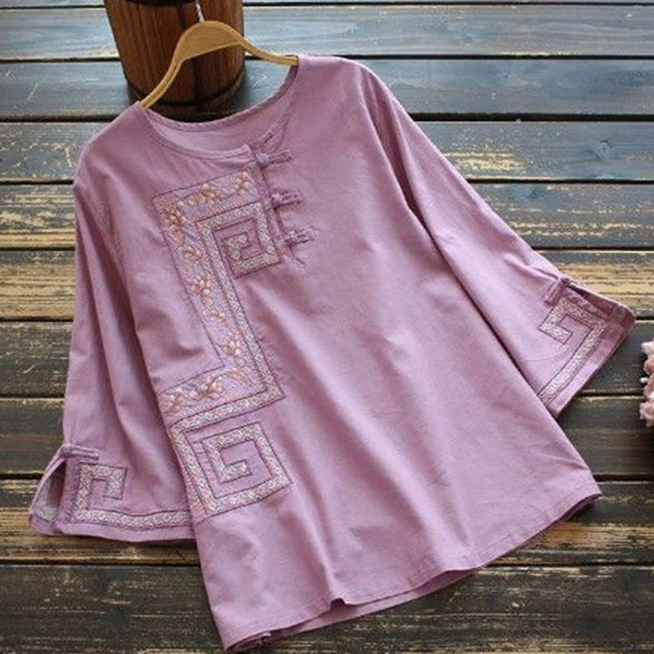 Buddha Stonesのつる刺繍カエルボタンコットンリネン七分袖レディースシャツ - 梅 - US14、 UK/AU18、 EU46 (4XL) - image 1