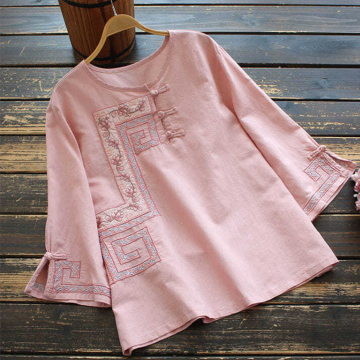 Buddha Stonesのつる刺繍カエルボタンコットンリネン七分袖レディースシャツ - ピンク - US14、 UK/AU18、 EU46 (4XL) - image 3