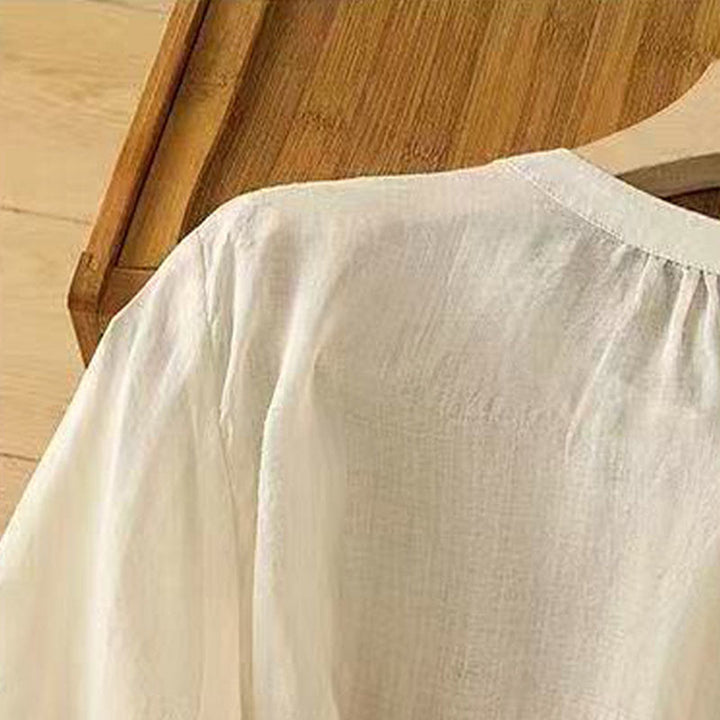 Buddha Stonesカジュアル ルーズ 刺繍 カエルボタン 半袖 クルーネック コットン レディース シャツ - image 9