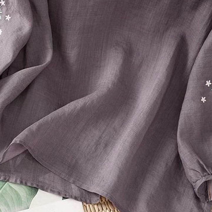 Buddha Stonesカジュアル 花 葉 刺繍 レディース クルーネックデザイン 七分袖 コットンリネン Tシャツ - image 2