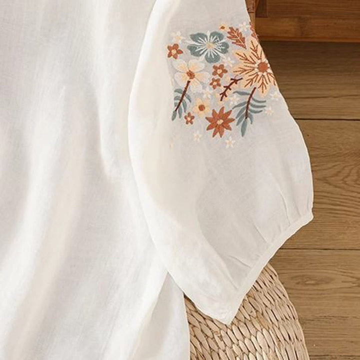 Buddha Stonesカジュアル 花 葉 刺繍 レディース クルーネックデザイン 七分袖 コットンリネン Tシャツ - image 9