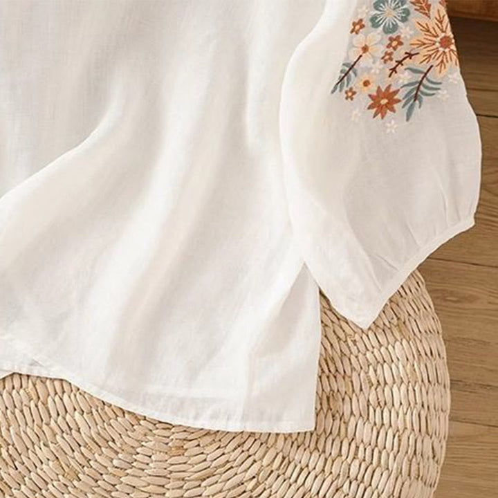 Buddha Stonesカジュアルフラワーリーフ刺繍入りレディースクルーネック七分袖Tシャツ - image 8
