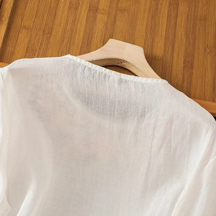 Buddha Stonesカジュアル 花 葉 刺繍 レディース クルーネックデザイン 七分袖 コットンリネン Tシャツ - image 8