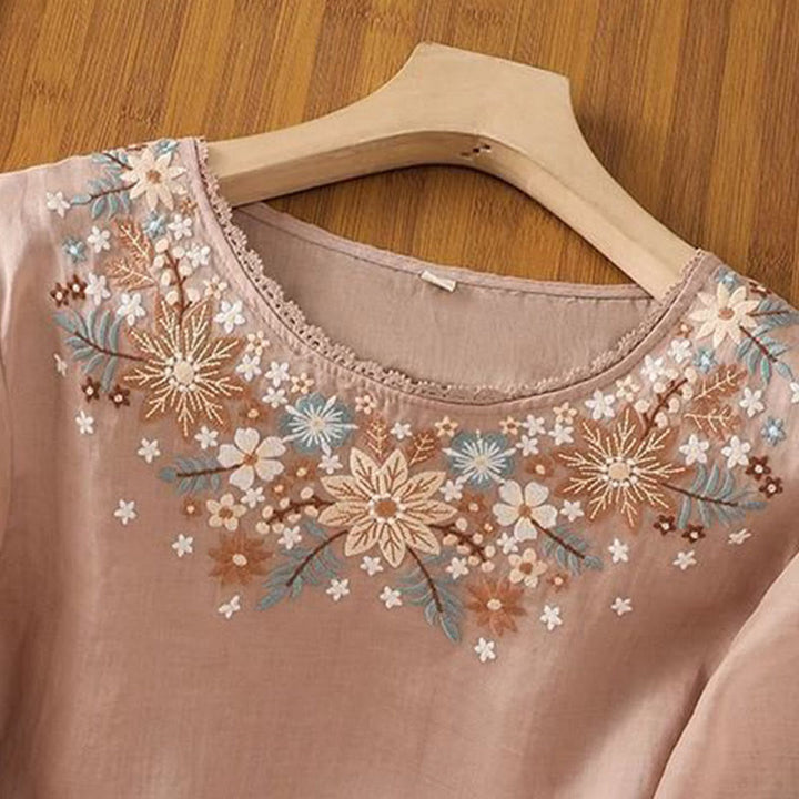 Buddha Stonesカジュアル 花 葉 刺繍 レディース クルーネックデザイン 七分袖 コットンリネン Tシャツ - image 13