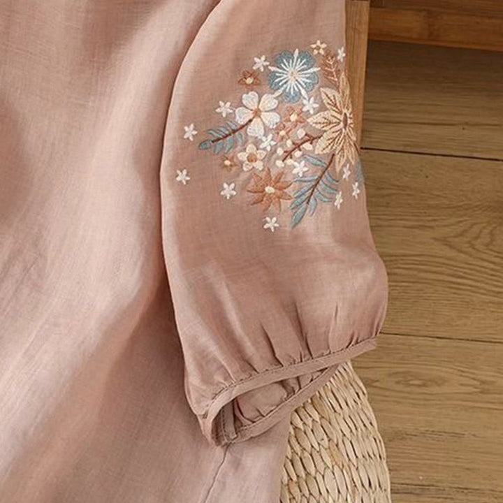 Buddha Stonesカジュアル 花 葉 刺繍 レディース クルーネックデザイン 七分袖 コットンリネン Tシャツ - image 15