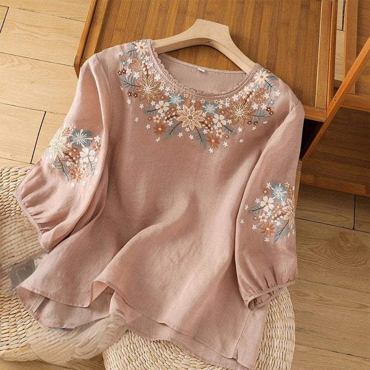 Buddha Stonesカジュアル 花 葉 刺繍 レディース クルーネックデザイン 七分袖 コットンリネン Tシャツ - ダークサーモン - US12、 UK/AU16、 EU44 (3XL) - image 11