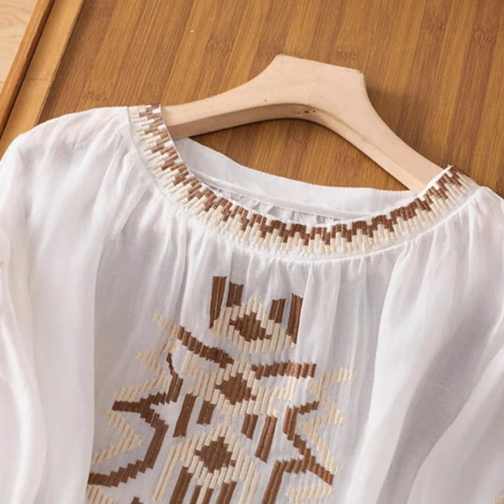 Buddha Stonesカジュアル シンメトリー 刺繍 レディース クルーネックデザイン 半袖 スパンデックス Tシャツ - image 2