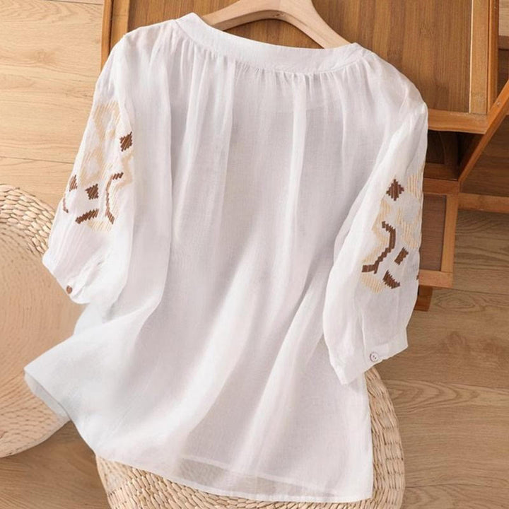 Buddha Stonesカジュアル シンメトリー 刺繍 レディース クルーネックデザイン 半袖 スパンデックス Tシャツ - image 1