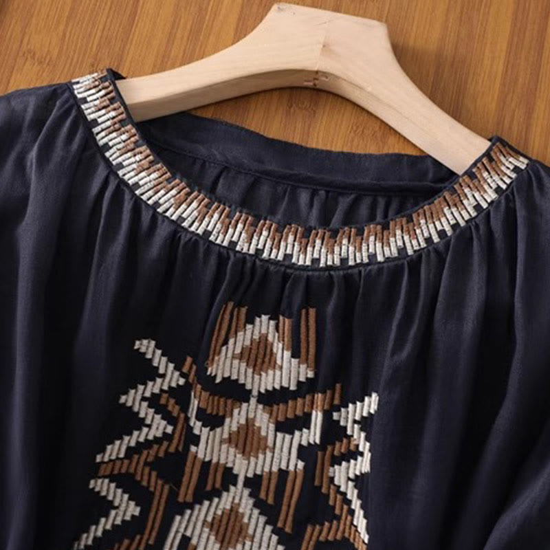 Buddha Stonesカジュアル シンメトリー 刺繍 レディース クルーネックデザイン 半袖 スパンデックス Tシャツ - image 8