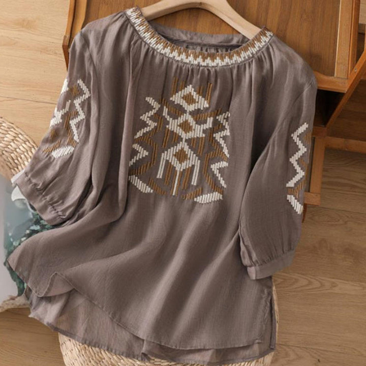 Buddha Stonesカジュアル シンメトリー 刺繍 レディース クルーネックデザイン 半袖 スパンデックス Tシャツ - タン - US14、 UK/AU18、 EU46 (4XL) - image 14