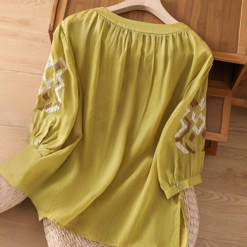 Buddha Stonesカジュアル シンメトリー 刺繍 レディース クルーネックデザイン 半袖 スパンデックス Tシャツ - image 25