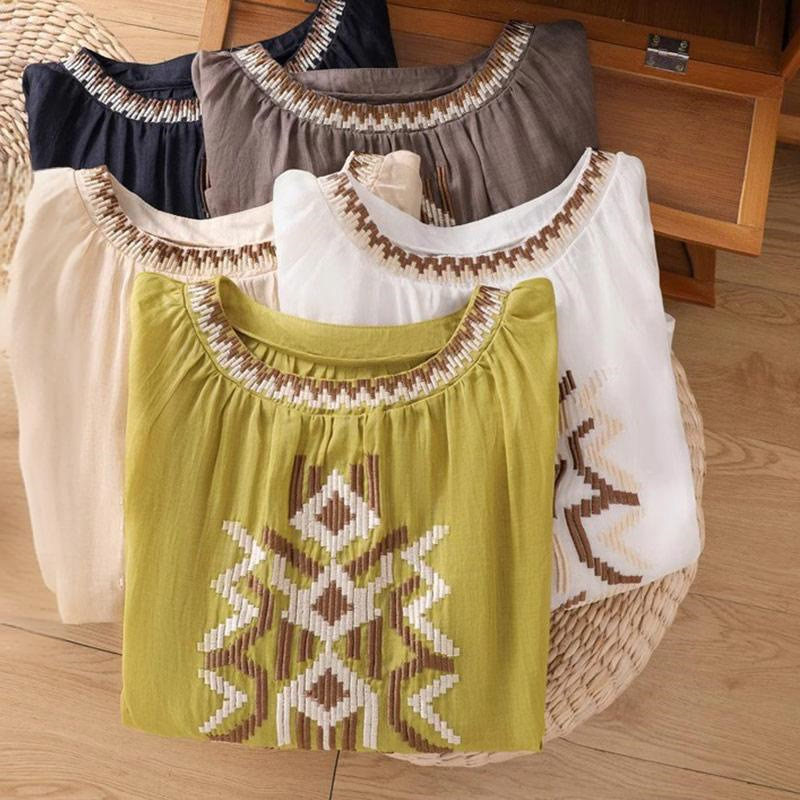 Buddha Stonesカジュアル シンメトリー 刺繍 レディース クルーネックデザイン 半袖 スパンデックス Tシャツ - image 42