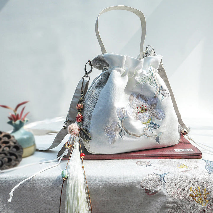 Buddha Stones刺繍入りマグノリアプラムブロッサムコットンリネントートバッグクロスボディバッグショルダーバッグハンドバッグ