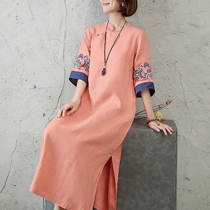 Buddha Stones刺繍入りカエルボタン付きハーフスリーブミディ丈レディースドレス - image 4