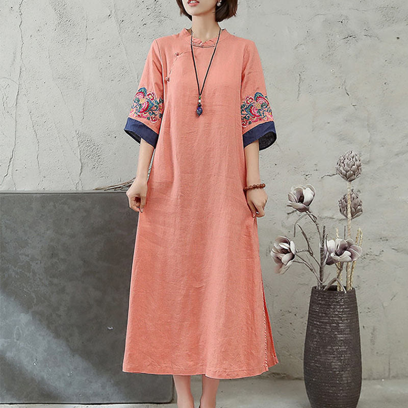 Buddha Stones刺繍入りカエルボタン付きハーフスリーブミディ丈レディースドレス - image 1