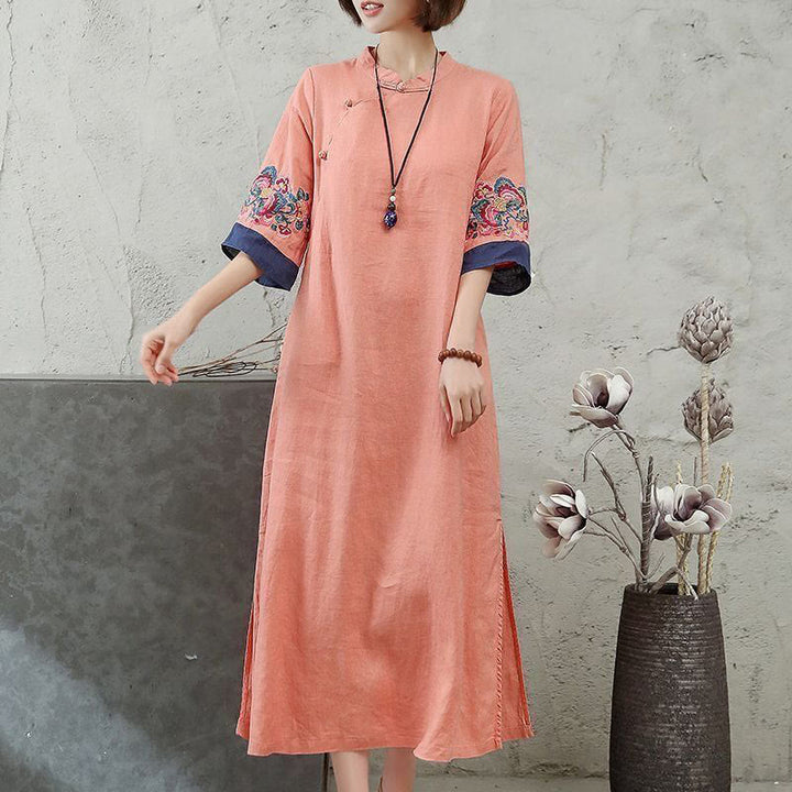 Buddha Stones刺繍入りカエルボタン付きハーフスリーブミディ丈レディースドレス - ライトサーモン - US14、 UK/AU18、 EU46 (4XL) - image 0