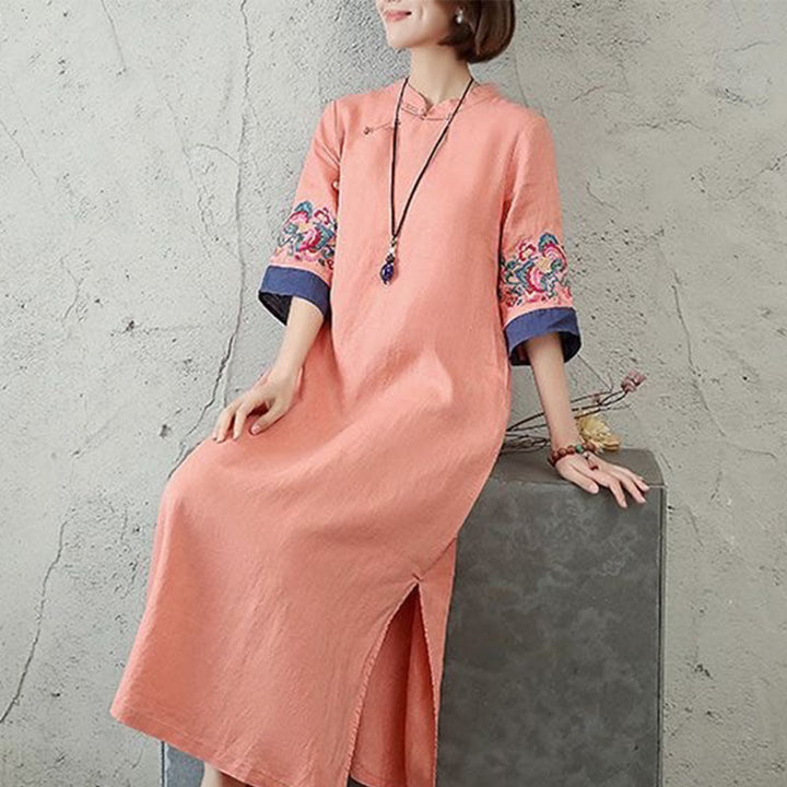 Buddha Stones刺繍フロッグボタン半袖コットンリネンレディースミディドレス - image 4