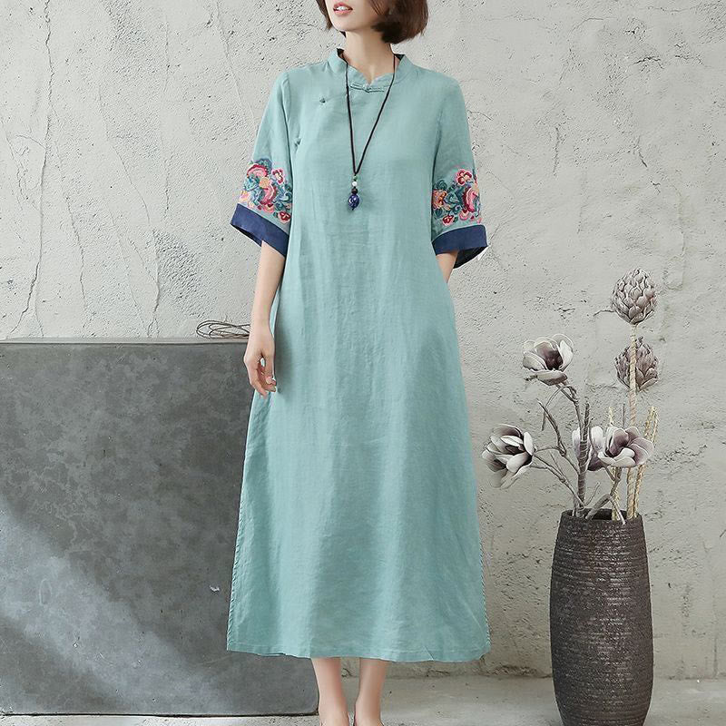Buddha Stones刺繍フロッグボタン半袖コットンリネンレディースミディドレス - ミディアムターコイズ - US14、 UK/AU18、 EU46 (4XL) - image 5