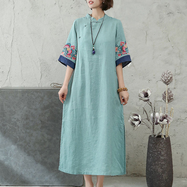 Buddha Stones刺繍入りカエルボタン付きハーフスリーブミディ丈レディースドレス - image 6