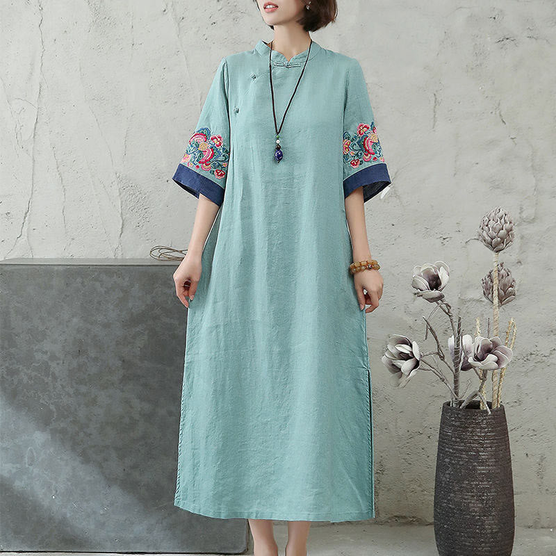 Buddha Stones刺繍フロッグボタン半袖コットンリネンレディースミディドレス - image 6