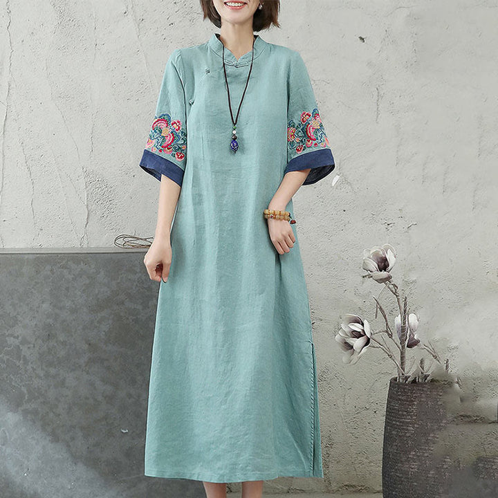 Buddha Stones刺繍入りカエルボタン付きハーフスリーブミディ丈レディースドレス - image 7