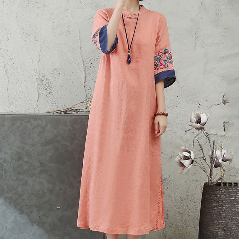 Buddha Stones刺繍入りカエルボタン付きハーフスリーブミディ丈レディースドレス - image 3