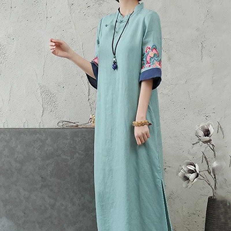 Buddha Stones刺繍入りカエルボタン付きハーフスリーブミディ丈レディースドレス - image 9
