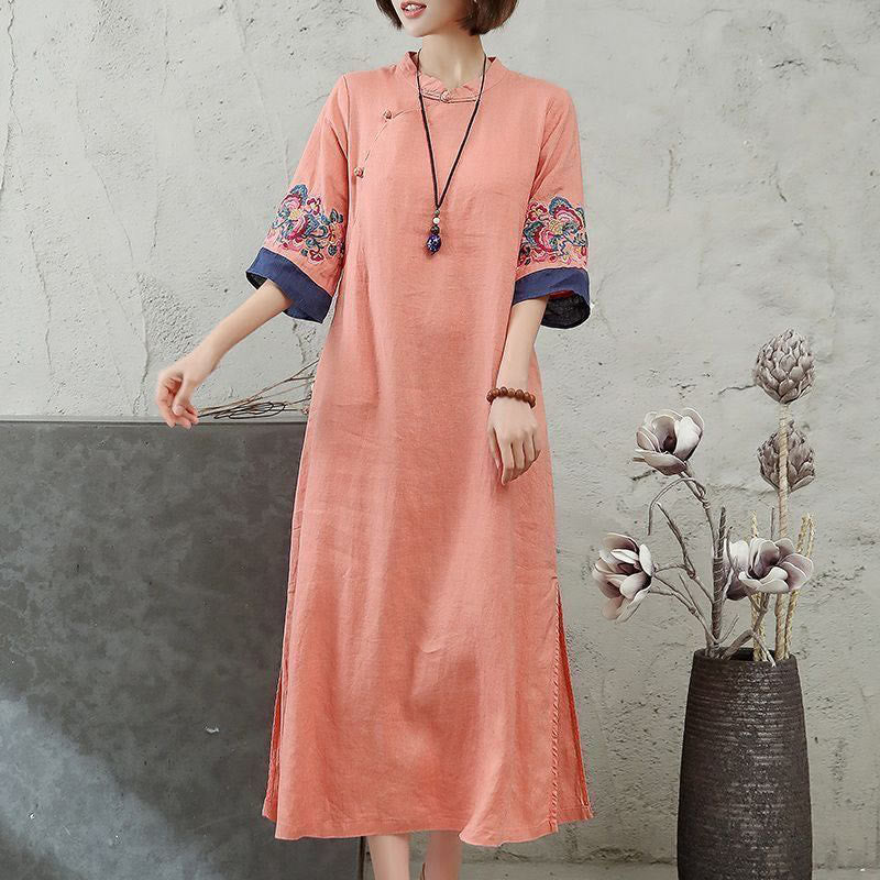 Buddha Stones刺繍入りカエルボタン付きハーフスリーブミディ丈レディースドレス - ライトサーモン - US14、 UK/AU18、 EU46 (4XL) - image 0