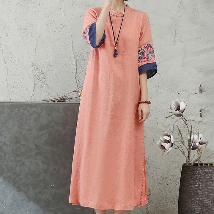Buddha Stones刺繍フロッグボタン半袖コットンリネンレディースミディドレス - image 3