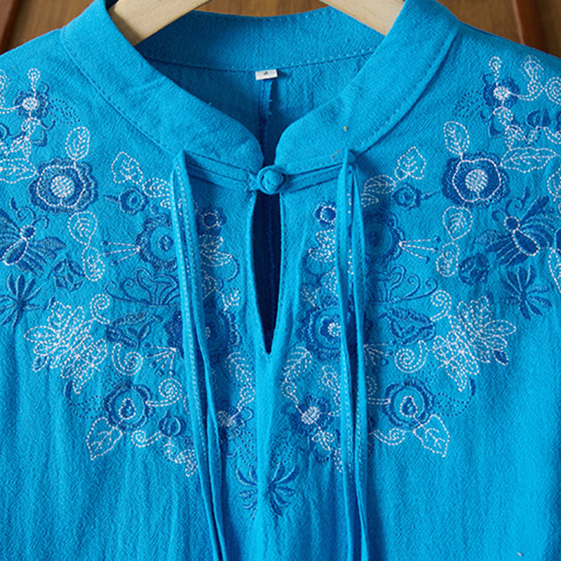 Buddha Stonesヴィンテージ刺繍 フロッグボタン 半袖 ハイウエスト コットンリネン レディース ミディドレス - image 20