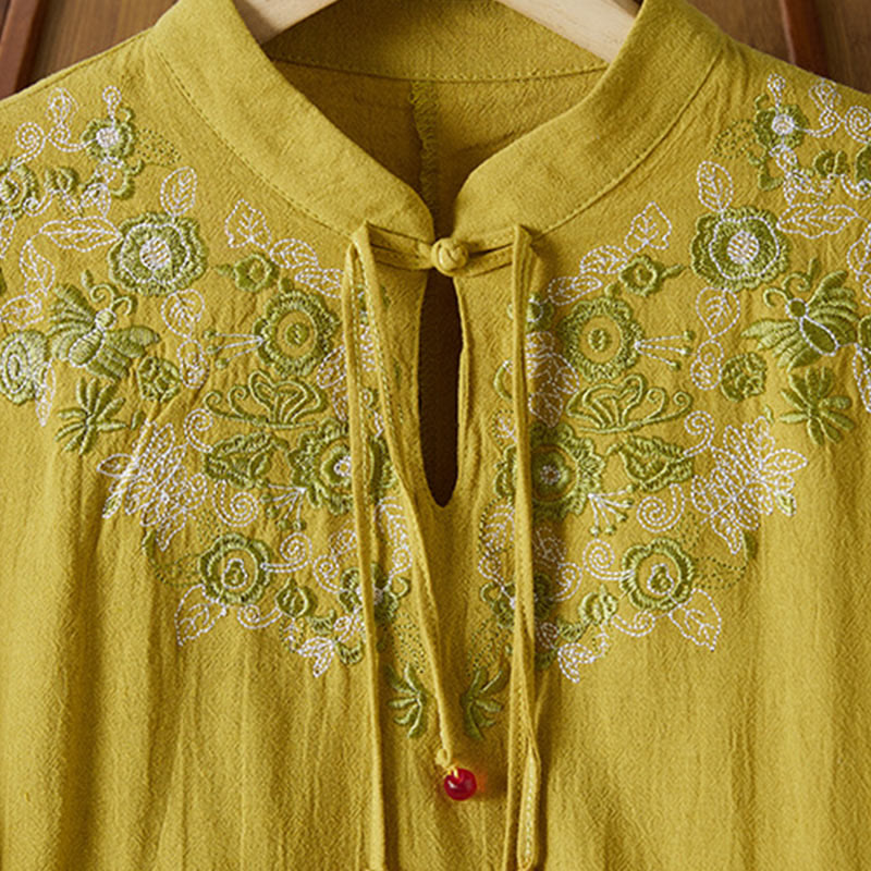 Buddha Stonesヴィンテージ刺繍 フロッグボタン 半袖 ハイウエスト コットンリネン レディース ミディドレス - image 2