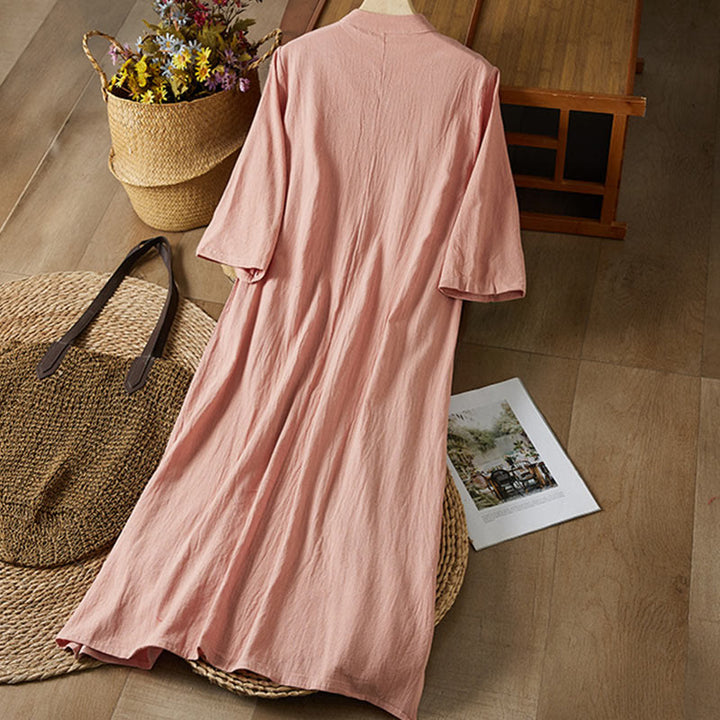 Buddha Stonesヴィンテージ刺繍 フロッグボタン 半袖 ハイウエスト コットンリネン レディース ミディドレス - image 13