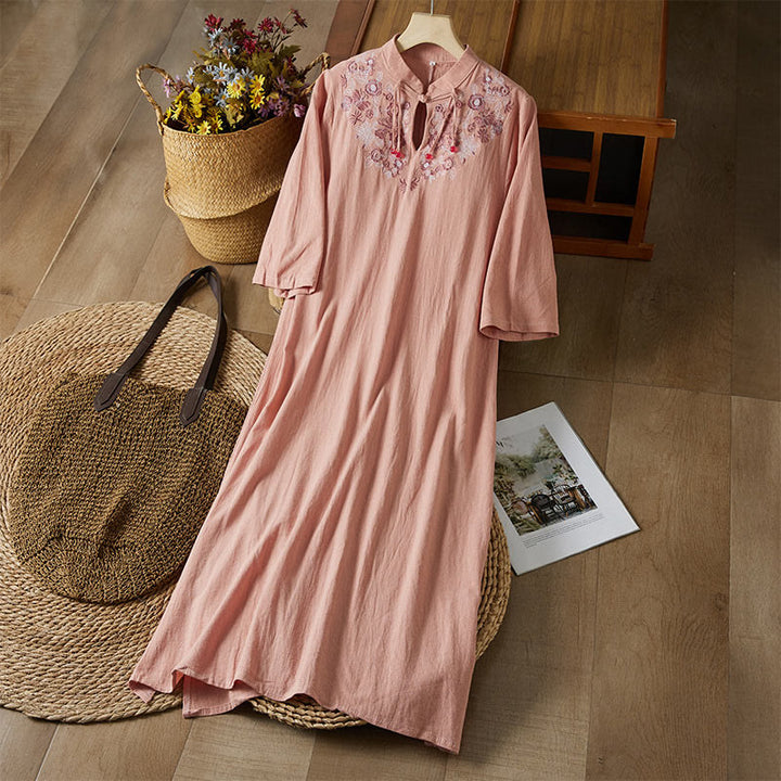 Buddha Stonesヴィンテージ刺繍 フロッグボタン 半袖 ハイウエスト コットンリネン レディース ミディドレス - ダークサーモン - US16、 UK/AU20、 EU48 (5XL) - image 12