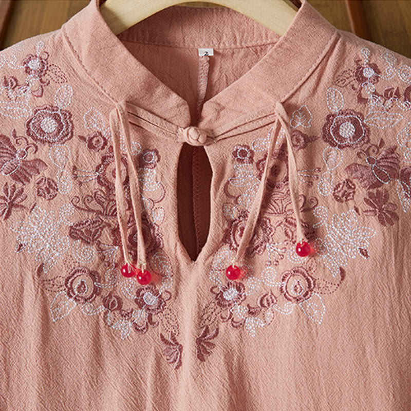 Buddha Stonesヴィンテージ刺繍 フロッグボタン 半袖 ハイウエスト コットンリネン レディース ミディドレス - image 14