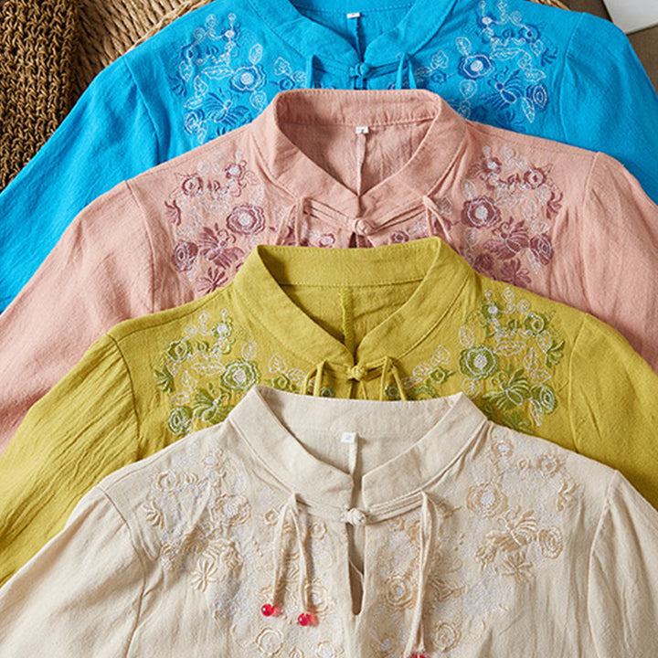 Buddha Stonesヴィンテージ刺繍 フロッグボタン 半袖 ハイウエスト コットンリネン レディース ミディドレス - image 25