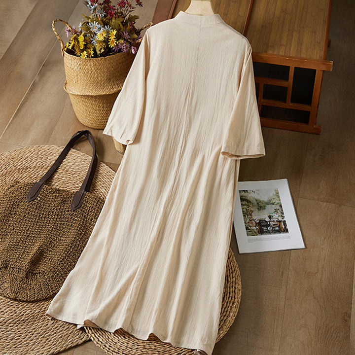 Buddha Stonesヴィンテージ刺繍 フロッグボタン 半袖 ハイウエスト コットンリネン レディース ミディドレス - image 7