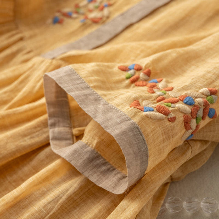 Buddha Stones春 エスニック刺繍 半袖 コットンリネン レディース ミディドレス - image 4