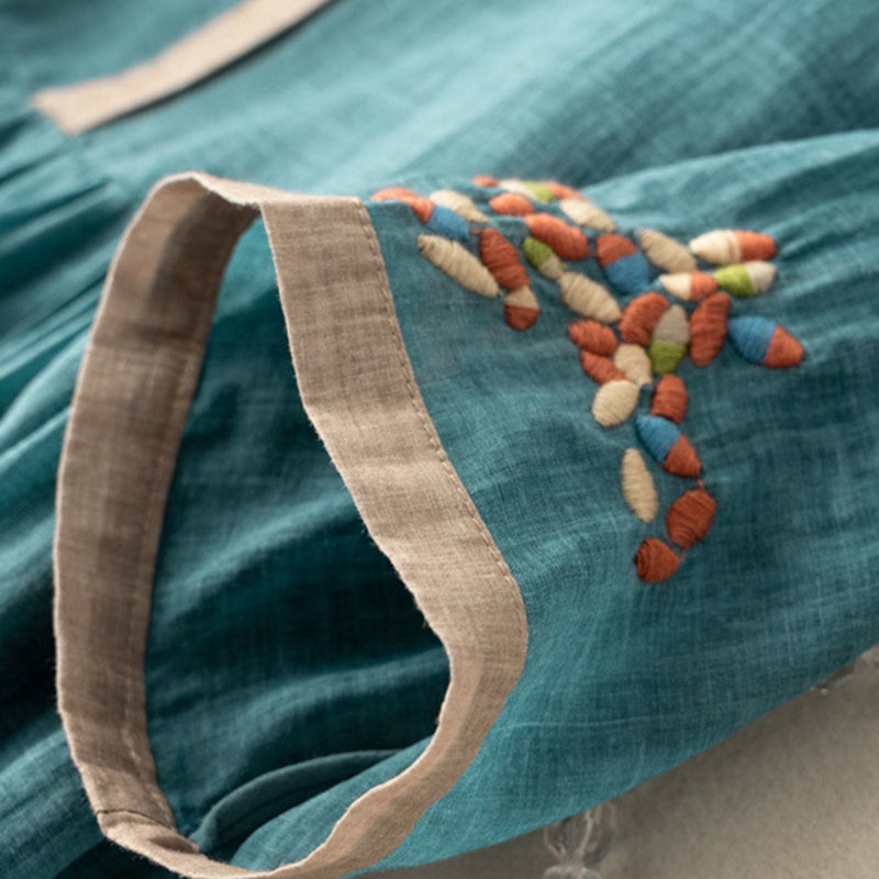 Buddha Stones春 エスニック刺繍 半袖 コットンリネン レディース ミディドレス - image 7