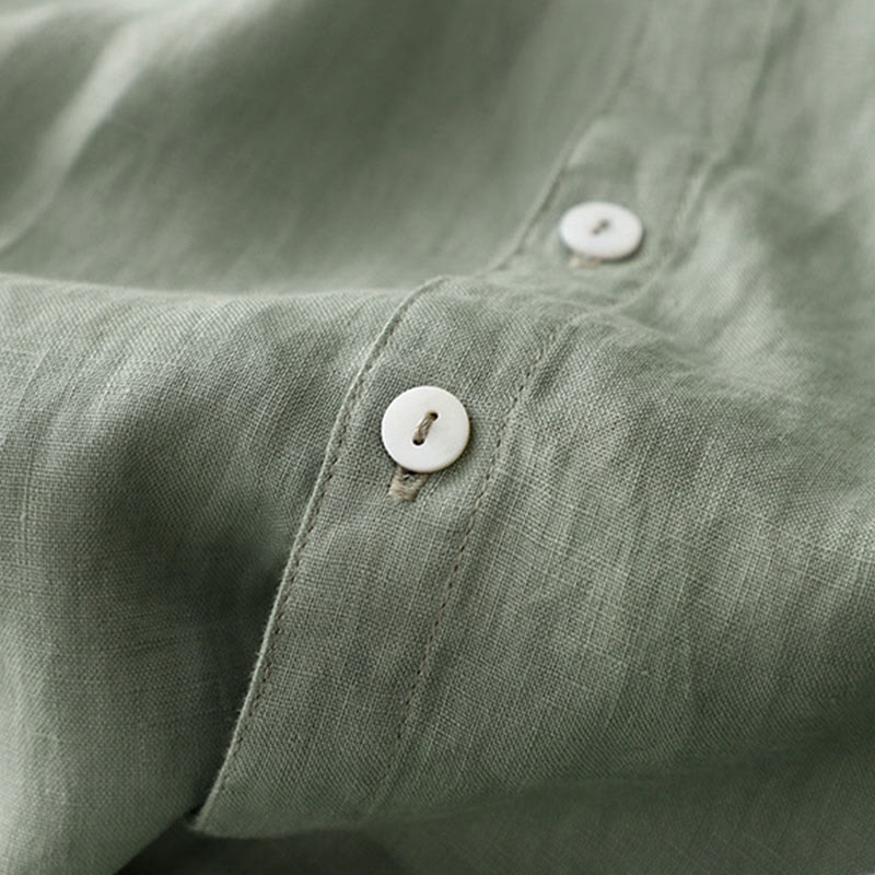 Buddha Stonesカジュアル プレーンボタン クルーネック フリルネック 半袖 コットンリネン レディース ミディドレス - image 3