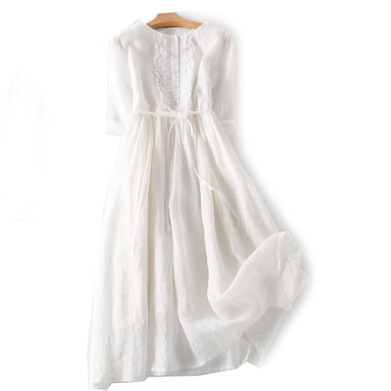 Buddha Stonesカジュアル 無地 フリルデザイン 半袖 レースアップ レディース ミディドレス ポケット付き - 白 - US8-10，UK/AU12-14，EU40-42 (2XL) - image 14