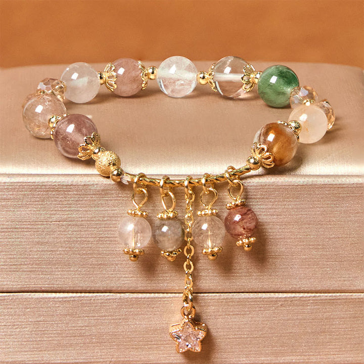 Buddha Stones天然色 イエロールチルクォーツ 四つ葉のクローバー 星 縁起の良いブレスレット