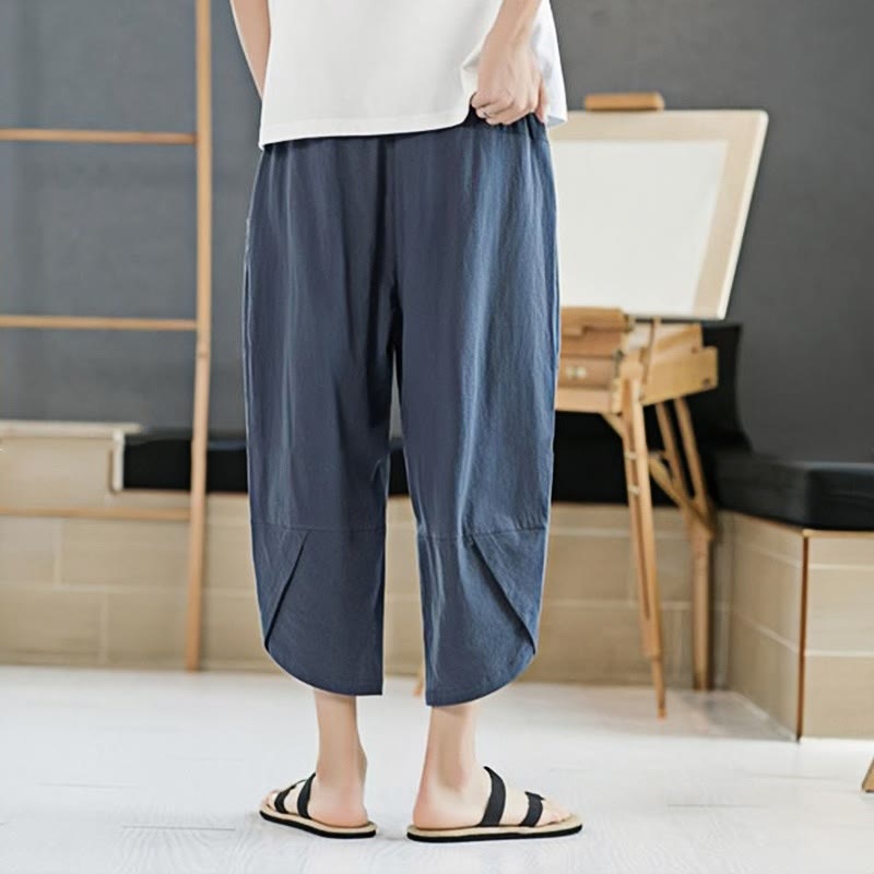 Buddha Stones夏 メンズ 無地 7-8丈 コットンリネン ドローストリングパンツ ポケット付き