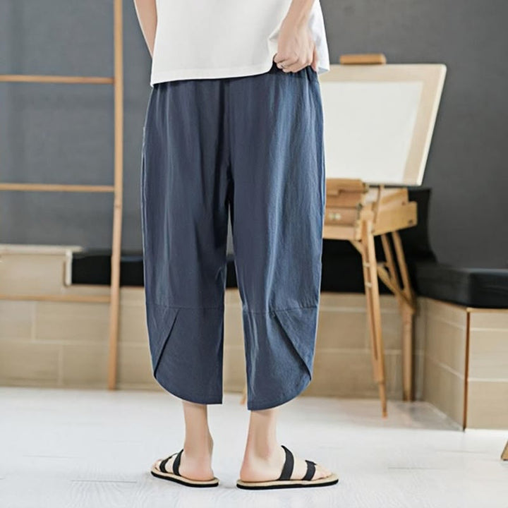 Buddha Stones夏 メンズ 無地 7-8丈 コットンリネン ドローストリングパンツ ポケット付き