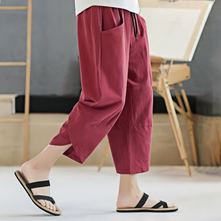 Buddha Stones夏 メンズ 無地 7-8丈 コットンリネン ドローストリングパンツ ポケット付き