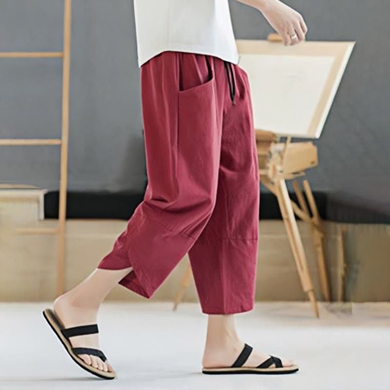 Buddha Stones夏 メンズ 無地 7-8丈 コットンリネン ドローストリングパンツ ポケット付き